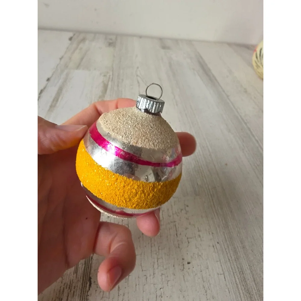 Vintage shiny Brite ornament Mica yellow striped Xmas tree red